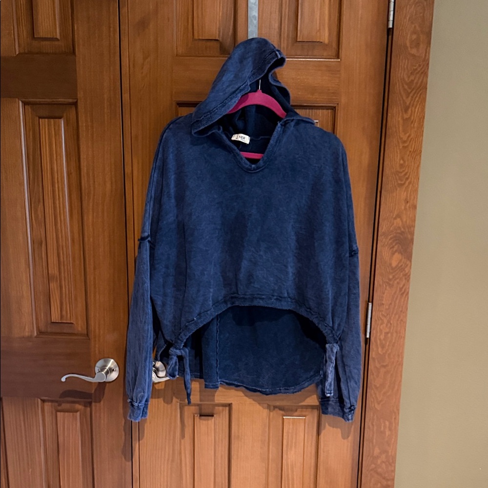Washed Navy Hooded Women's Pullover Sweater with Side Ties